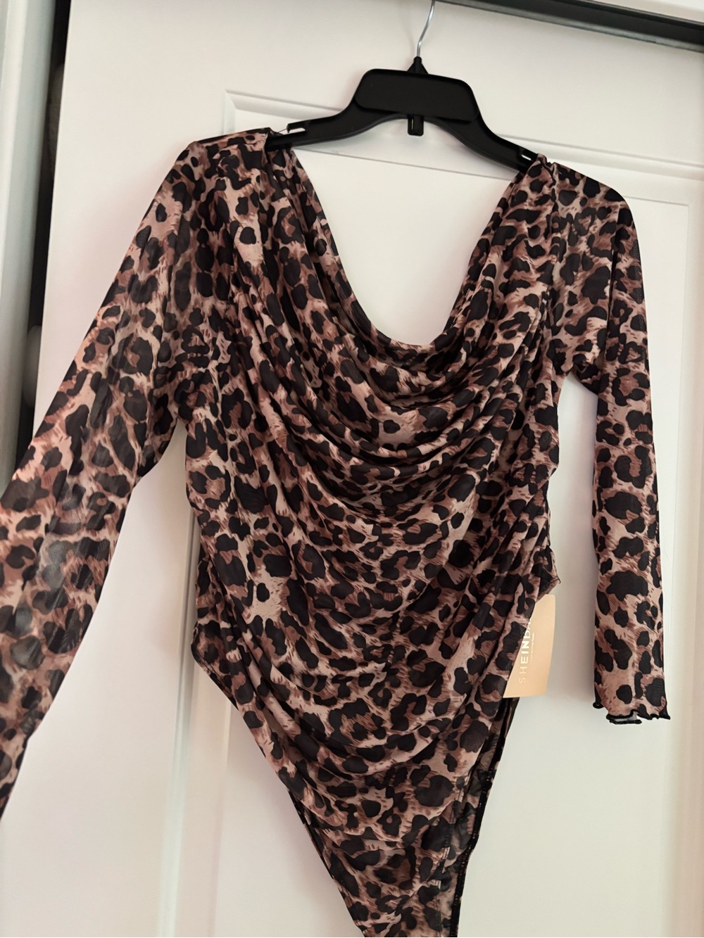 SHEIN Leopard Print Cowl Neck Long Sleeve Bodysuit - Brown/Black